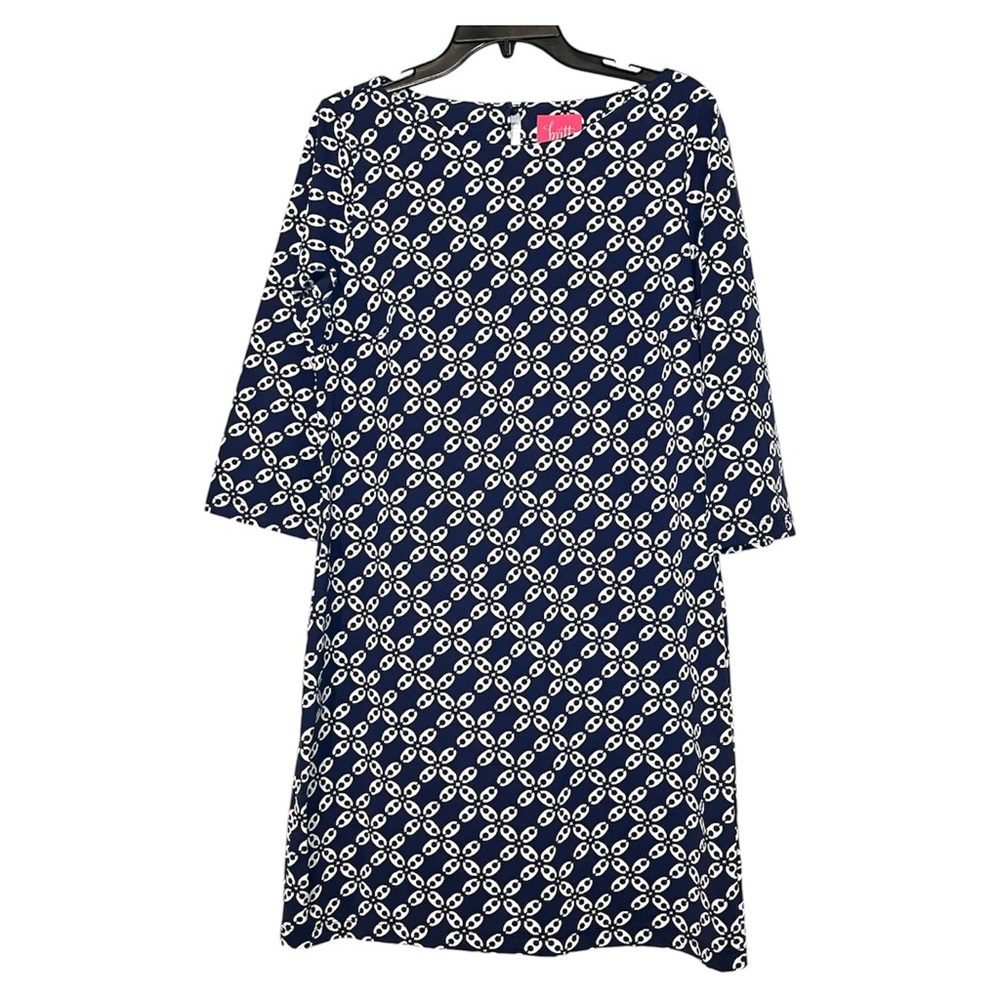 Britt Ryan Sheath 3/4 Sleeve Dress Navy White Geometric Print Sz LG Knee Length